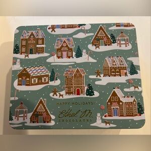 Empty Ethel M Chocolates Candy Tin Box Holidays Tree Gingerbread House 10"x8"x3”